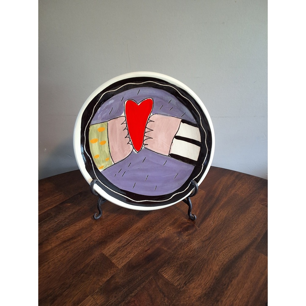 Vintage Sandra Magsamen Hand Painted Art Pottery Plate With Display Stand